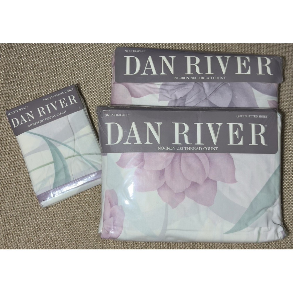 Dan River Marielle Queen Sheet Set Vtg Purple Floral 4‎ Pc USA Cottage Rare HTF